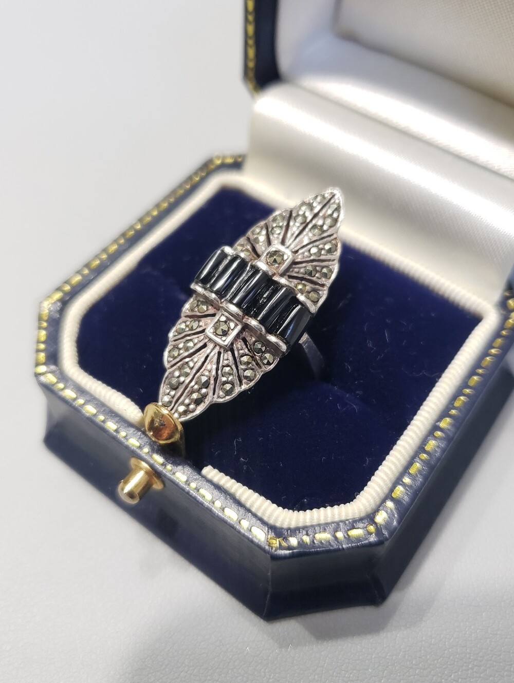 Art Deco Black Onyx and Marcasite Silver Ring - Elegant Statement